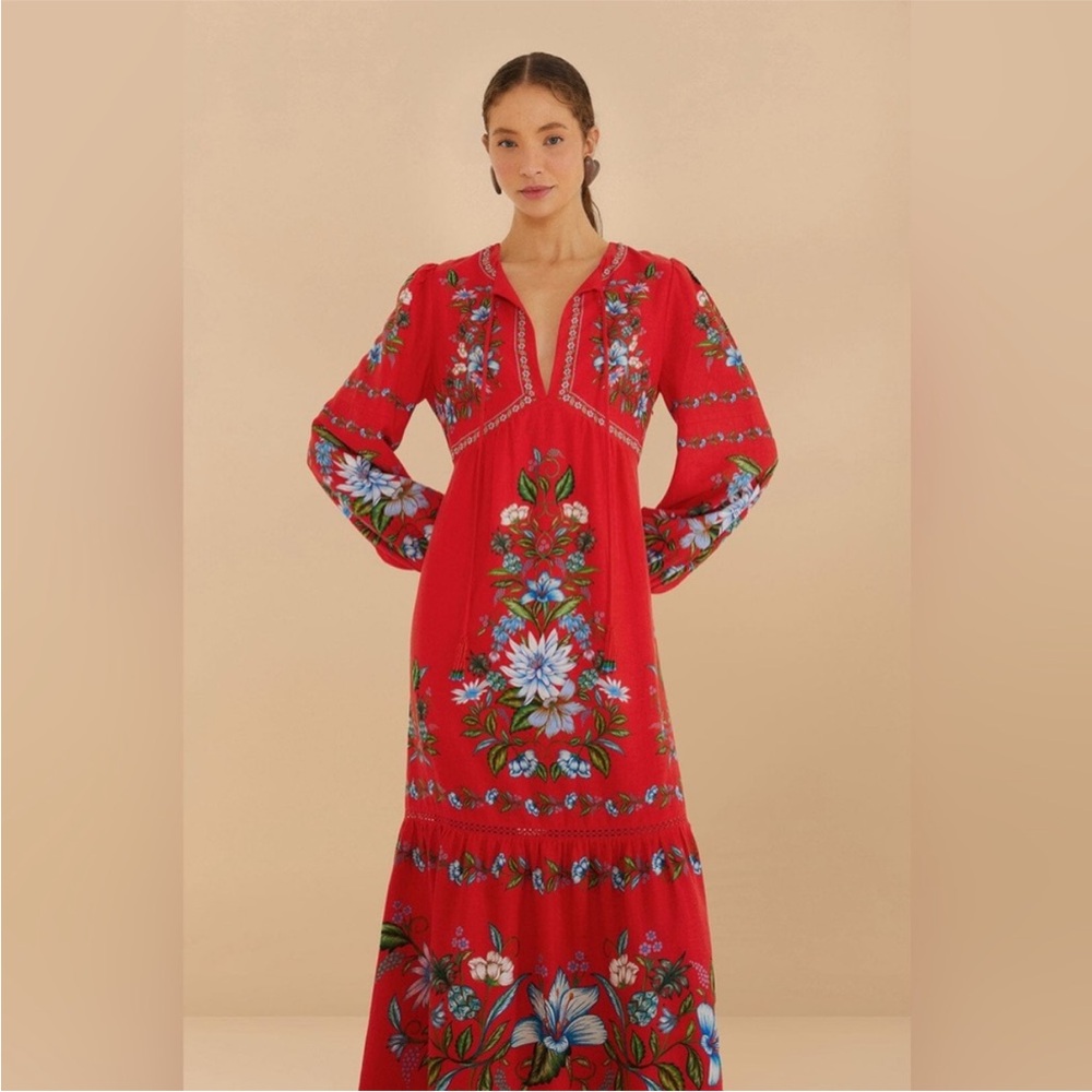 FARM Rio Red Sweet Bloom Bouquet Lenzing Ecovero Euroflax Midi Dress - Picture 2 of 12